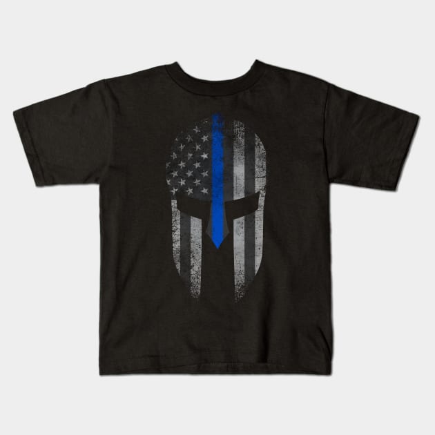 Blue Line American Flag Spartan Helm Kids T-Shirt by Runesilver